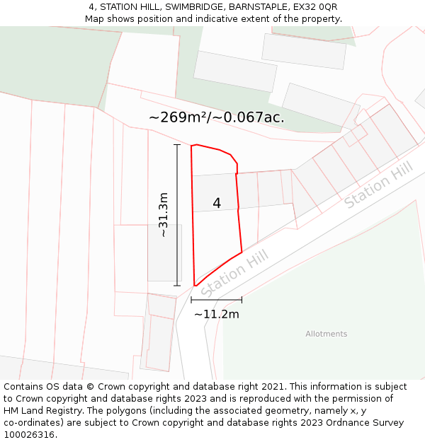4, STATION HILL, SWIMBRIDGE, BARNSTAPLE, EX32 0QR: Plot and title map