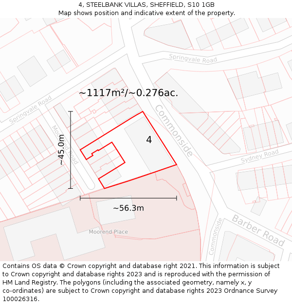 4, STEELBANK VILLAS, SHEFFIELD, S10 1GB: Plot and title map