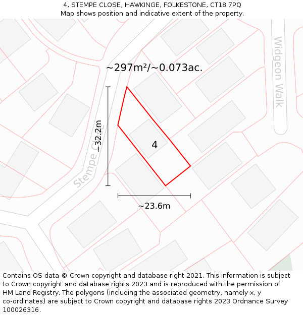 4, STEMPE CLOSE, HAWKINGE, FOLKESTONE, CT18 7PQ: Plot and title map