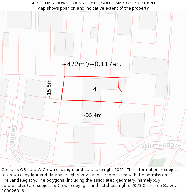 4, STILLMEADOWS, LOCKS HEATH, SOUTHAMPTON, SO31 6PN: Plot and title map