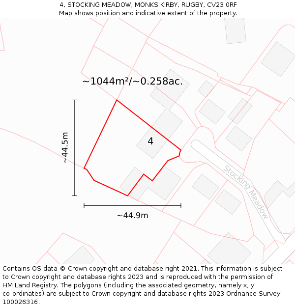4, STOCKING MEADOW, MONKS KIRBY, RUGBY, CV23 0RF: Plot and title map