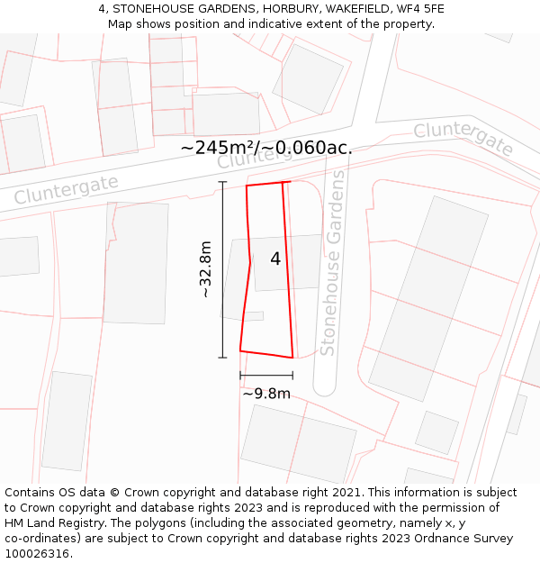 4, STONEHOUSE GARDENS, HORBURY, WAKEFIELD, WF4 5FE: Plot and title map