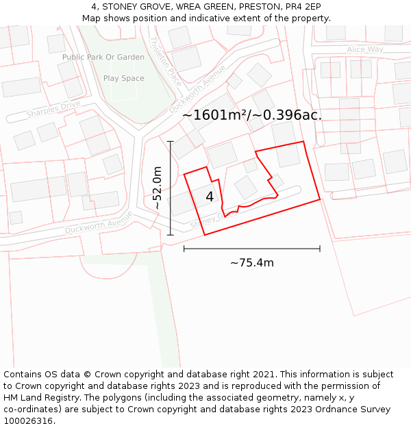 4, STONEY GROVE, WREA GREEN, PRESTON, PR4 2EP: Plot and title map