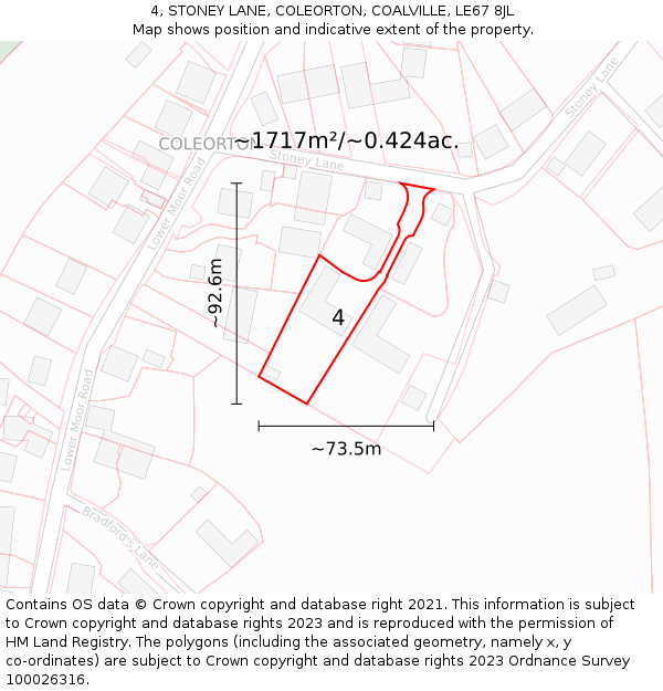 4, STONEY LANE, COLEORTON, COALVILLE, LE67 8JL: Plot and title map
