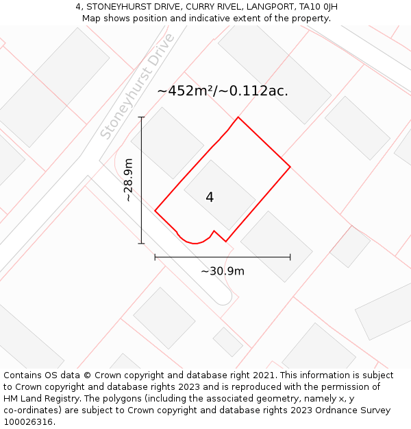 4, STONEYHURST DRIVE, CURRY RIVEL, LANGPORT, TA10 0JH: Plot and title map