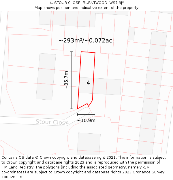 4, STOUR CLOSE, BURNTWOOD, WS7 9JY: Plot and title map