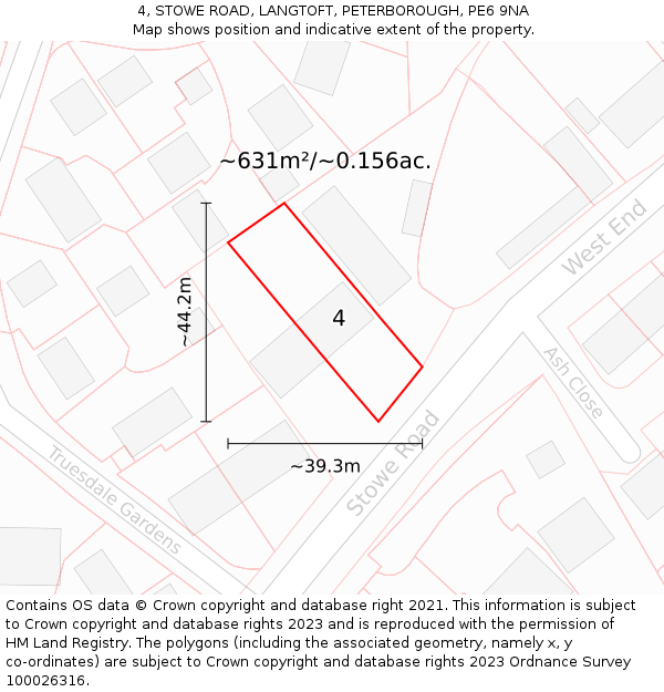 4, STOWE ROAD, LANGTOFT, PETERBOROUGH, PE6 9NA: Plot and title map