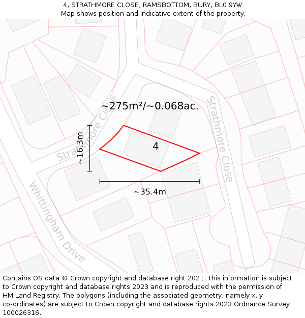 4, STRATHMORE CLOSE, RAMSBOTTOM, BURY, BL0 9YW: Plot and title map