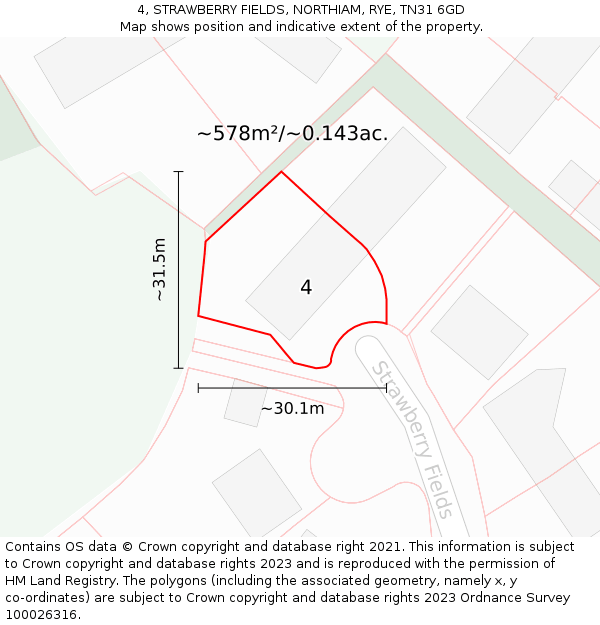 4, STRAWBERRY FIELDS, NORTHIAM, RYE, TN31 6GD: Plot and title map