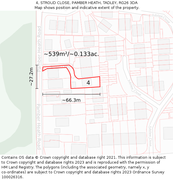 4, STROUD CLOSE, PAMBER HEATH, TADLEY, RG26 3DA: Plot and title map
