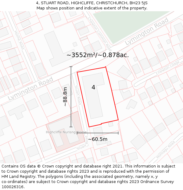 4, STUART ROAD, HIGHCLIFFE, CHRISTCHURCH, BH23 5JS: Plot and title map