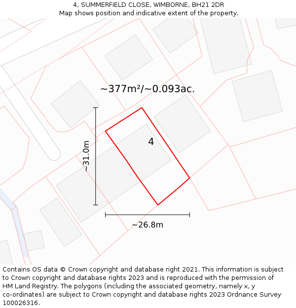 4, SUMMERFIELD CLOSE, WIMBORNE, BH21 2DR: Plot and title map