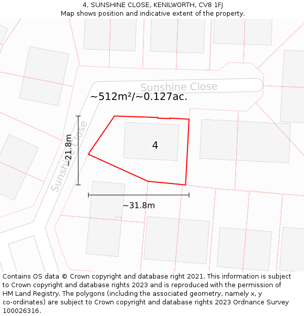 4, SUNSHINE CLOSE, KENILWORTH, CV8 1FJ: Plot and title map