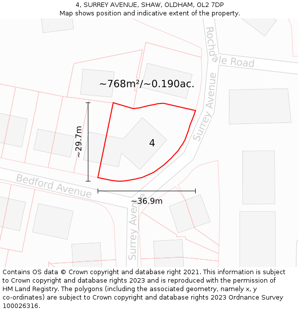 4, SURREY AVENUE, SHAW, OLDHAM, OL2 7DP: Plot and title map