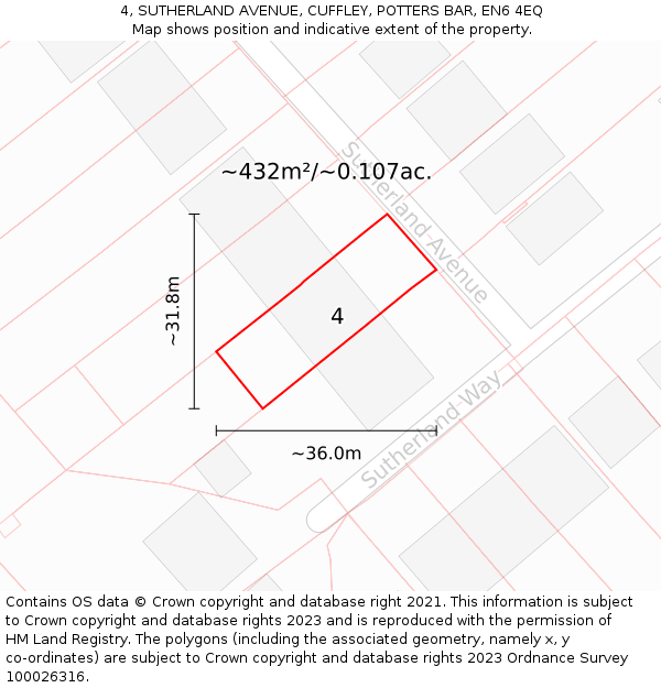 4, SUTHERLAND AVENUE, CUFFLEY, POTTERS BAR, EN6 4EQ: Plot and title map