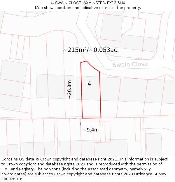 4, SWAIN CLOSE, AXMINSTER, EX13 5HX: Plot and title map