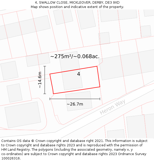 4, SWALLOW CLOSE, MICKLEOVER, DERBY, DE3 9XD: Plot and title map