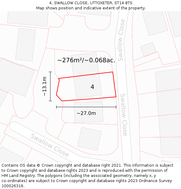 4, SWALLOW CLOSE, UTTOXETER, ST14 8TS: Plot and title map