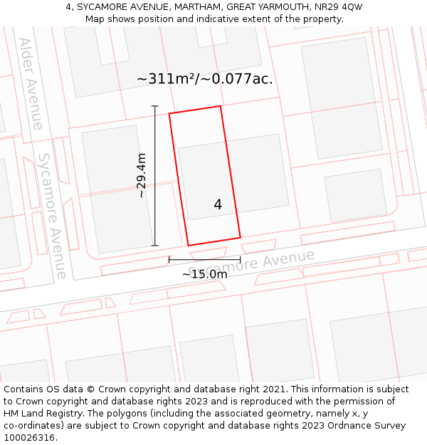 4, SYCAMORE AVENUE, MARTHAM, GREAT YARMOUTH, NR29 4QW: Plot and title map