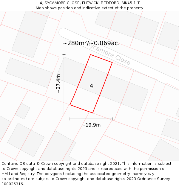 4, SYCAMORE CLOSE, FLITWICK, BEDFORD, MK45 1LT: Plot and title map
