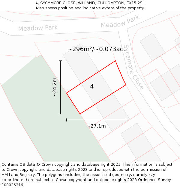 4, SYCAMORE CLOSE, WILLAND, CULLOMPTON, EX15 2SH: Plot and title map
