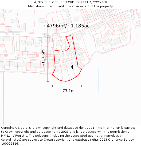 4, SYKES CLOSE, BEEFORD, DRIFFIELD, YO25 8FR: Plot and title map