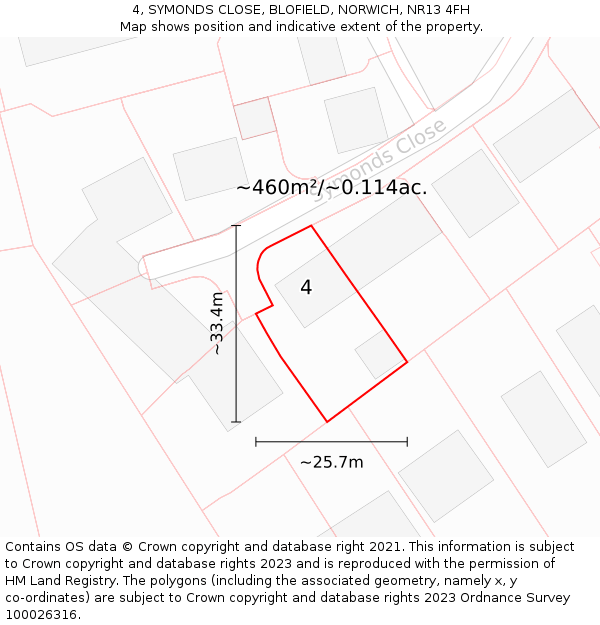 4, SYMONDS CLOSE, BLOFIELD, NORWICH, NR13 4FH: Plot and title map