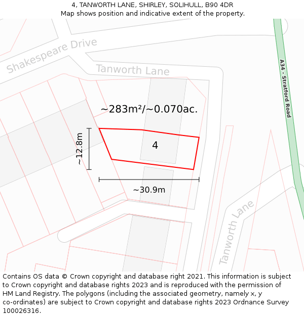 4, TANWORTH LANE, SHIRLEY, SOLIHULL, B90 4DR: Plot and title map