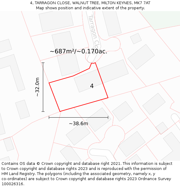 4, TARRAGON CLOSE, WALNUT TREE, MILTON KEYNES, MK7 7AT: Plot and title map