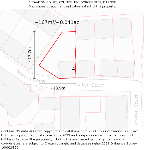 4, TAVITON COURT, POUNDBURY, DORCHESTER, DT1 3SE: Plot and title map