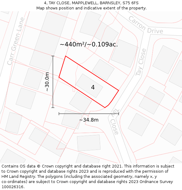 4, TAY CLOSE, MAPPLEWELL, BARNSLEY, S75 6FS: Plot and title map