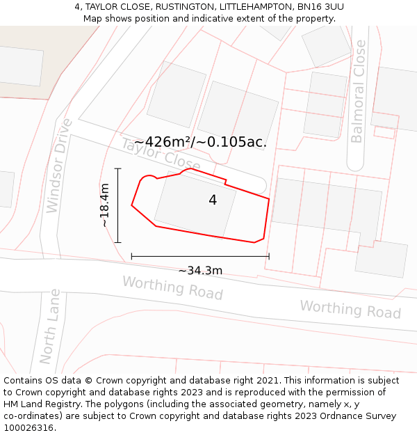 4, TAYLOR CLOSE, RUSTINGTON, LITTLEHAMPTON, BN16 3UU: Plot and title map