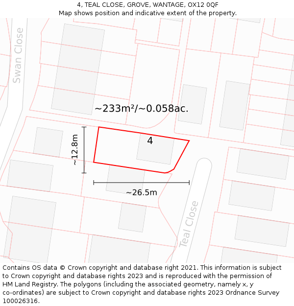 4, TEAL CLOSE, GROVE, WANTAGE, OX12 0QF: Plot and title map