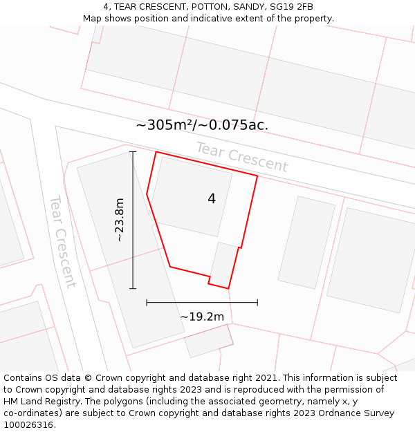 4, TEAR CRESCENT, POTTON, SANDY, SG19 2FB: Plot and title map