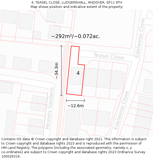 4, TEASEL CLOSE, LUDGERSHALL, ANDOVER, SP11 9TH: Plot and title map