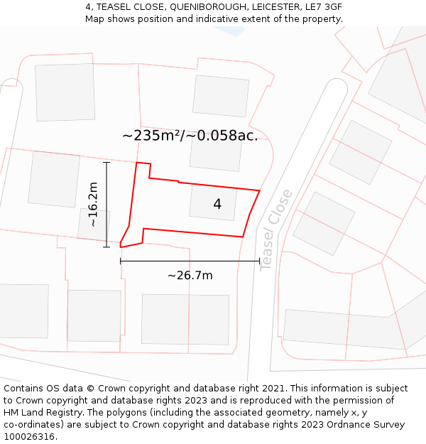 4, TEASEL CLOSE, QUENIBOROUGH, LEICESTER, LE7 3GF: Plot and title map