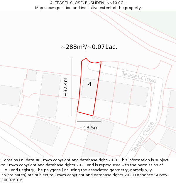4, TEASEL CLOSE, RUSHDEN, NN10 0GH: Plot and title map