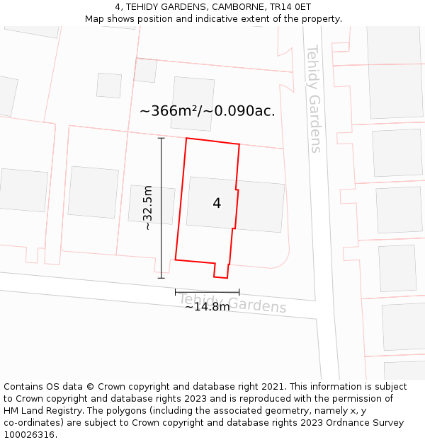 4, TEHIDY GARDENS, CAMBORNE, TR14 0ET: Plot and title map