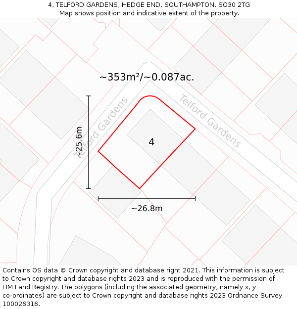 4, TELFORD GARDENS, HEDGE END, SOUTHAMPTON, SO30 2TG: Plot and title map
