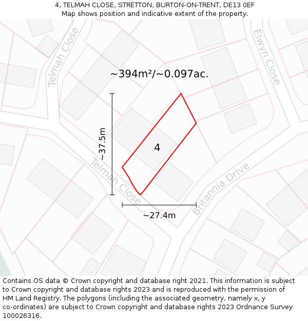 4, TELMAH CLOSE, STRETTON, BURTON-ON-TRENT, DE13 0EF: Plot and title map