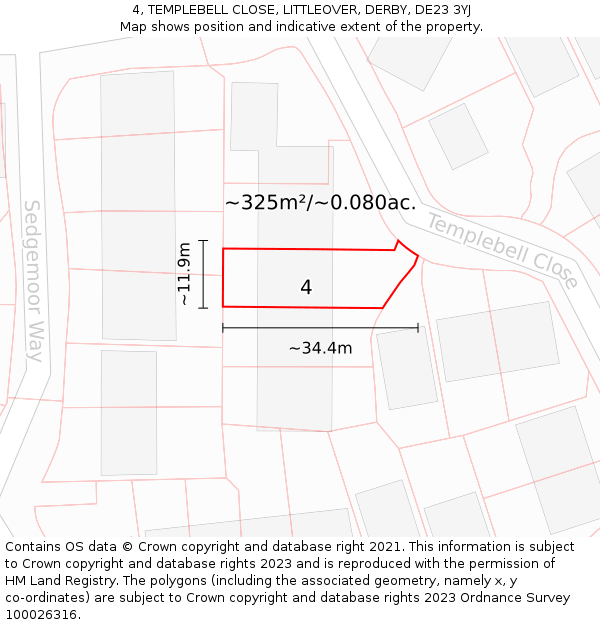 4, TEMPLEBELL CLOSE, LITTLEOVER, DERBY, DE23 3YJ: Plot and title map