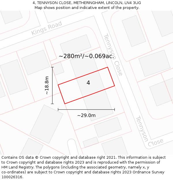 4, TENNYSON CLOSE, METHERINGHAM, LINCOLN, LN4 3UG: Plot and title map