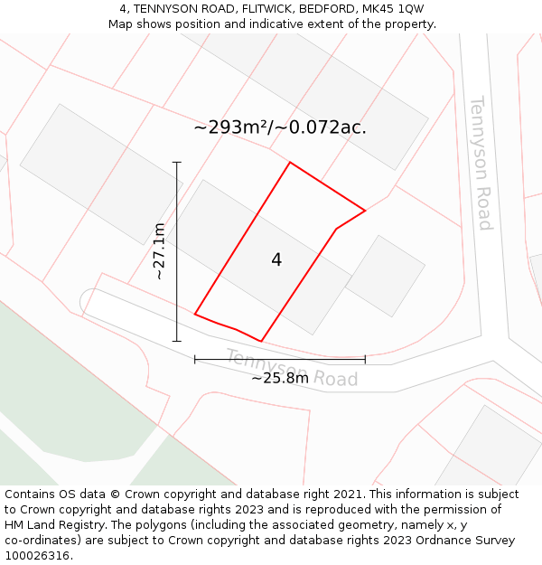4, TENNYSON ROAD, FLITWICK, BEDFORD, MK45 1QW: Plot and title map
