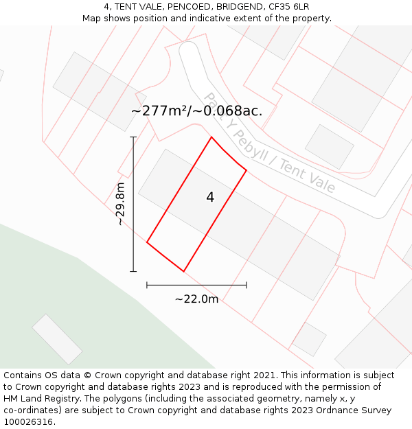 4, TENT VALE, PENCOED, BRIDGEND, CF35 6LR: Plot and title map