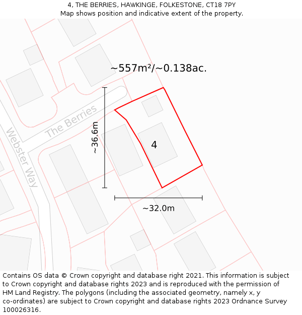 4, THE BERRIES, HAWKINGE, FOLKESTONE, CT18 7PY: Plot and title map