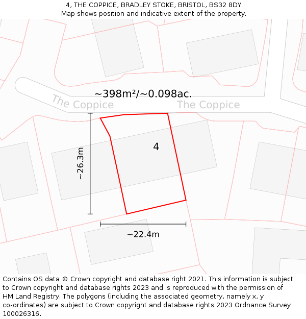 4, THE COPPICE, BRADLEY STOKE, BRISTOL, BS32 8DY: Plot and title map