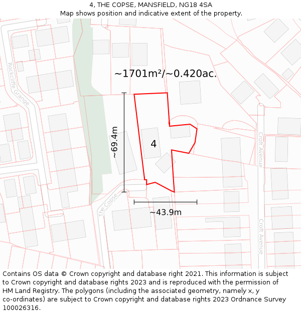 4, THE COPSE, MANSFIELD, NG18 4SA: Plot and title map