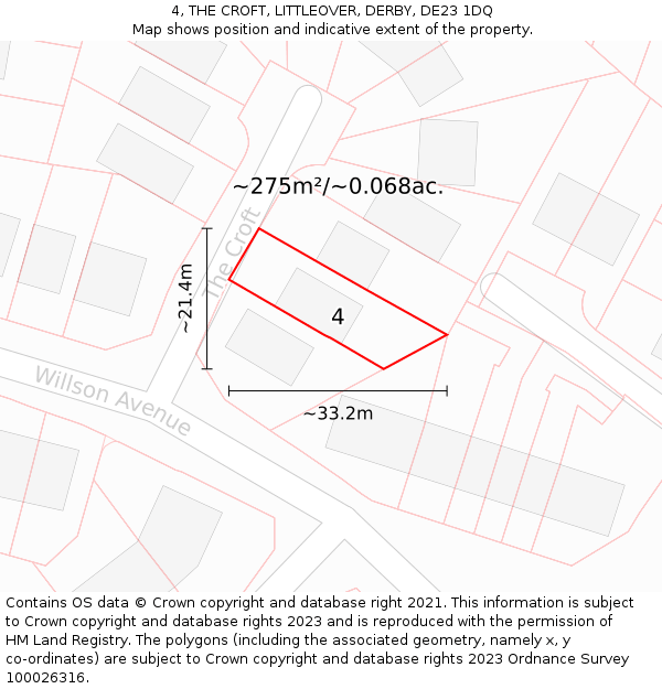 4, THE CROFT, LITTLEOVER, DERBY, DE23 1DQ: Plot and title map