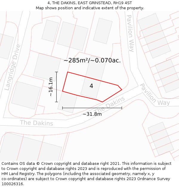4, THE DAKINS, EAST GRINSTEAD, RH19 4ST: Plot and title map