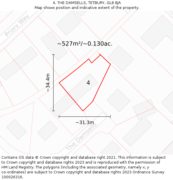 4, THE DAMSELLS, TETBURY, GL8 8JA: Plot and title map